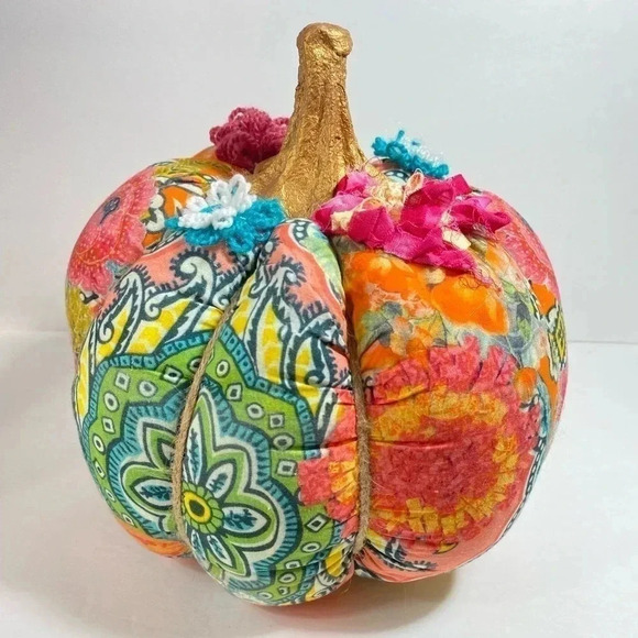 Mixed Fabric Pumpkin Gold Stem Bohemian Twine Flowers Orange Pink Teal 10 In. - Picture 1 of 11